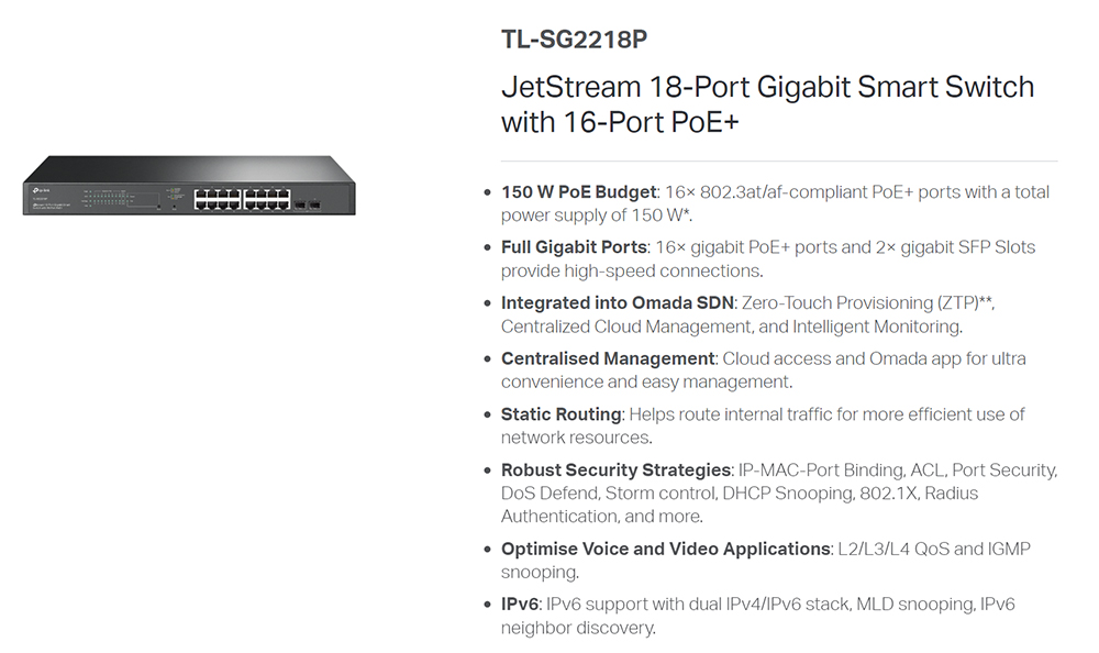 TL-SG2218P, JetStream 18-Port Gigabit Smart Switch with 16-Port PoE+